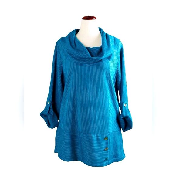 Soft Surroundings Turquoise Tunic Size XL Cowl Neck Roll Sleeves Oversized - Picture 1 of 8